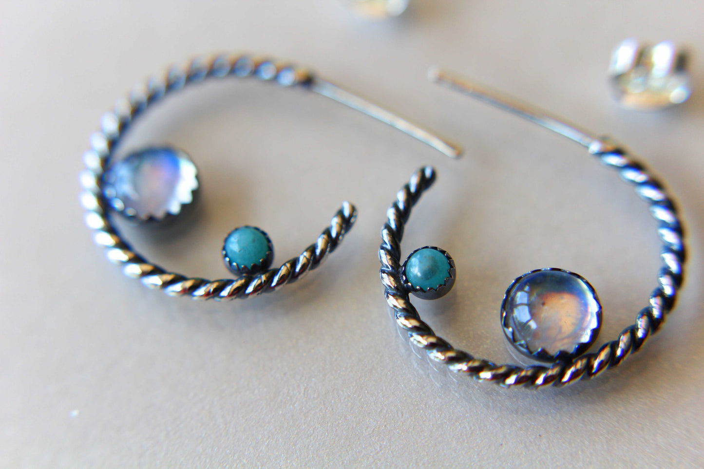 Rainbow Moonstone Earrings, Stud Earrings, Amazonite Earrings, Boho Earrings, Gemstone Earrings, 5mm Moonstone Earrings, Rope Hoop Earrings