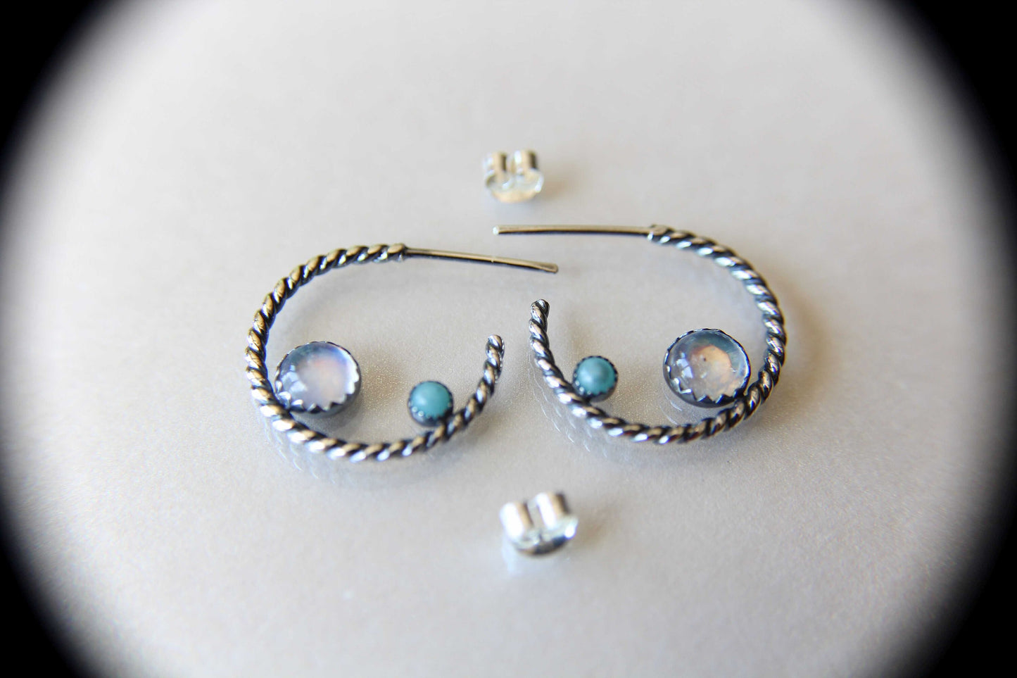 Rainbow Moonstone Earrings, Stud Earrings, Amazonite Earrings, Boho Earrings, Gemstone Earrings, 5mm Moonstone Earrings, Rope Hoop Earrings
