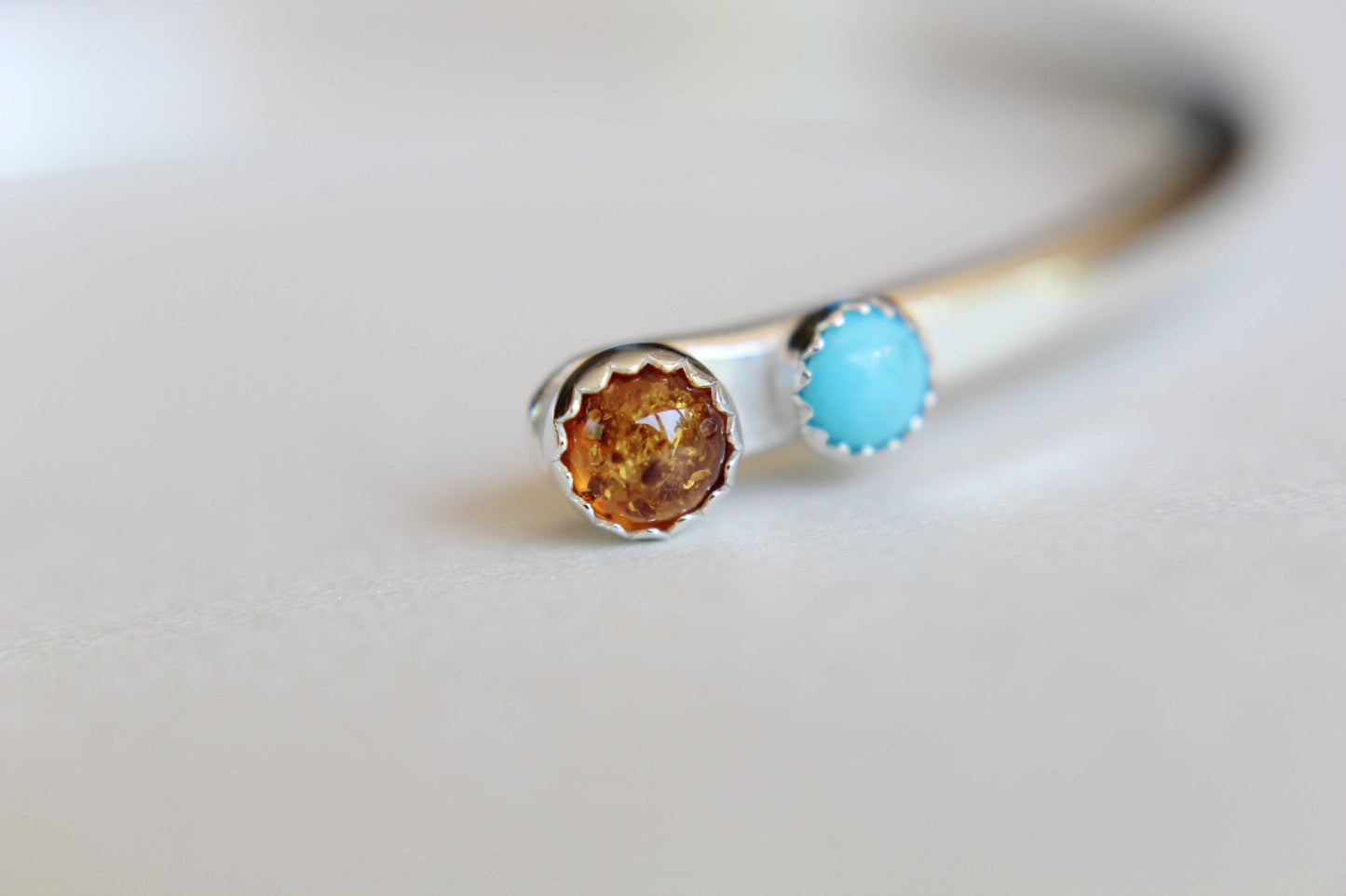 Double Gemstone Bracelet, Sterling Silver Bracelet, Amber Cuff Bracelet, Sterling Turquoise Jewelry, Amber and Turquoise Cuff, Boho, Gift