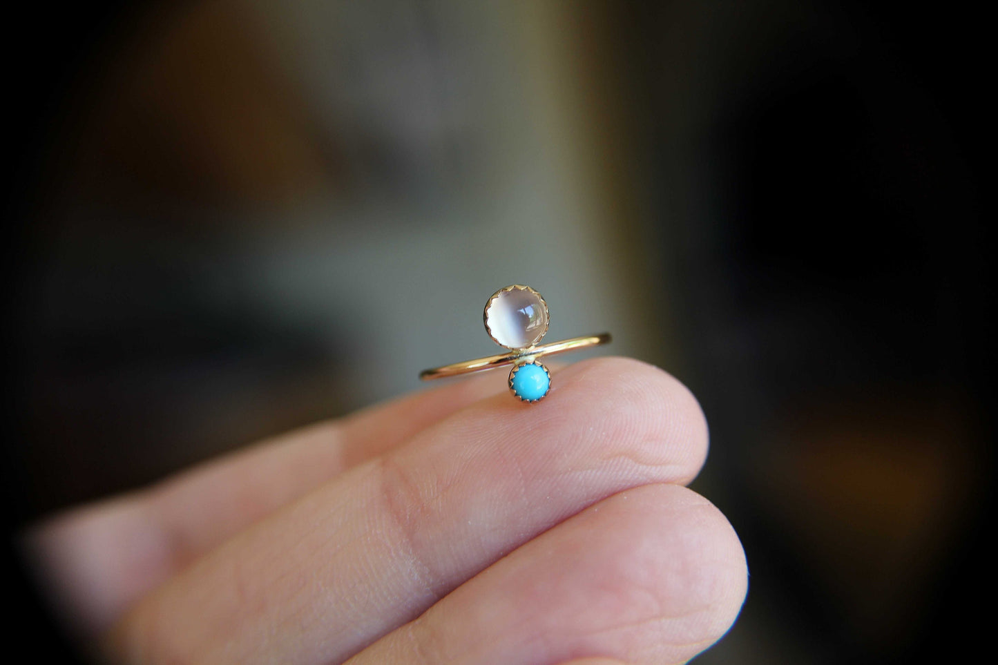 Double Gemstone Ring, Moonstone Ring, Engagement Ring, Turquoise, Dual Gemstone Ring, Gemstone Stacking Ring, White, Moonstone, Gift