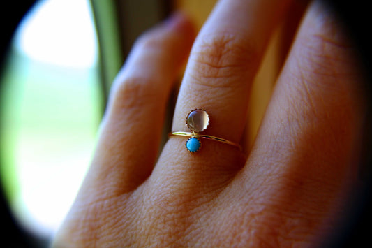 Double Gemstone Ring, Moonstone Ring, Engagement Ring, Turquoise, Dual Gemstone Ring, Gemstone Stacking Ring, White, Moonstone, Gift