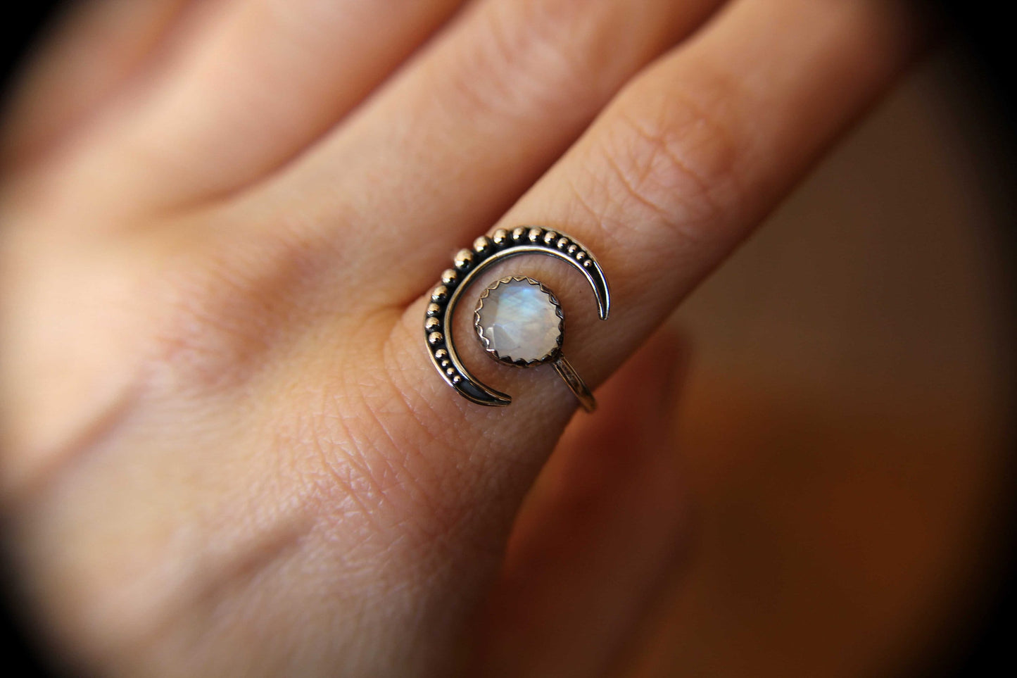 Moon Ring, Moonstone Ring, Crescent Moon Ring, Faceted Moonstone Ring, Beaded Moon Ring, Crescent Moon, Moon Jewelry, Moonstone Jewelry,Gift