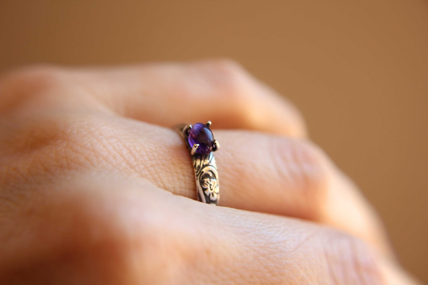 Amethyst Ring, Natural Amethyst Ring, Floral Amethyst Ring, Boho Ring, Stacking Ring, Floral Band, Purple Stone, Boho Ring, Natural, Gift