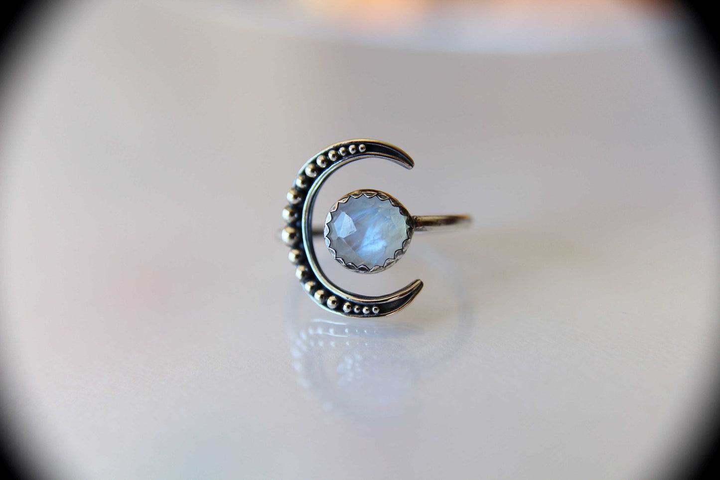 Moon Ring, Moonstone Ring, Crescent Moon Ring, Faceted Moonstone Ring, Beaded Moon Ring, Crescent Moon, Moon Jewelry, Moonstone Jewelry,Gift