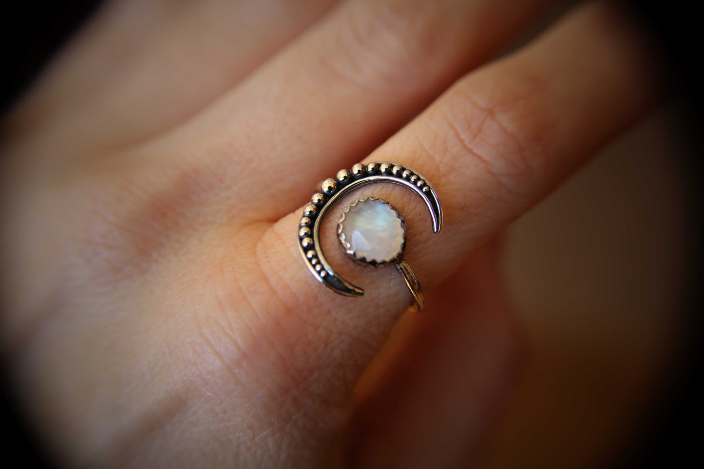 Moon Ring, Moonstone Ring, Crescent Moon Ring, Faceted Moonstone Ring, Beaded Moon Ring, Crescent Moon, Moon Jewelry, Moonstone Jewelry,Gift