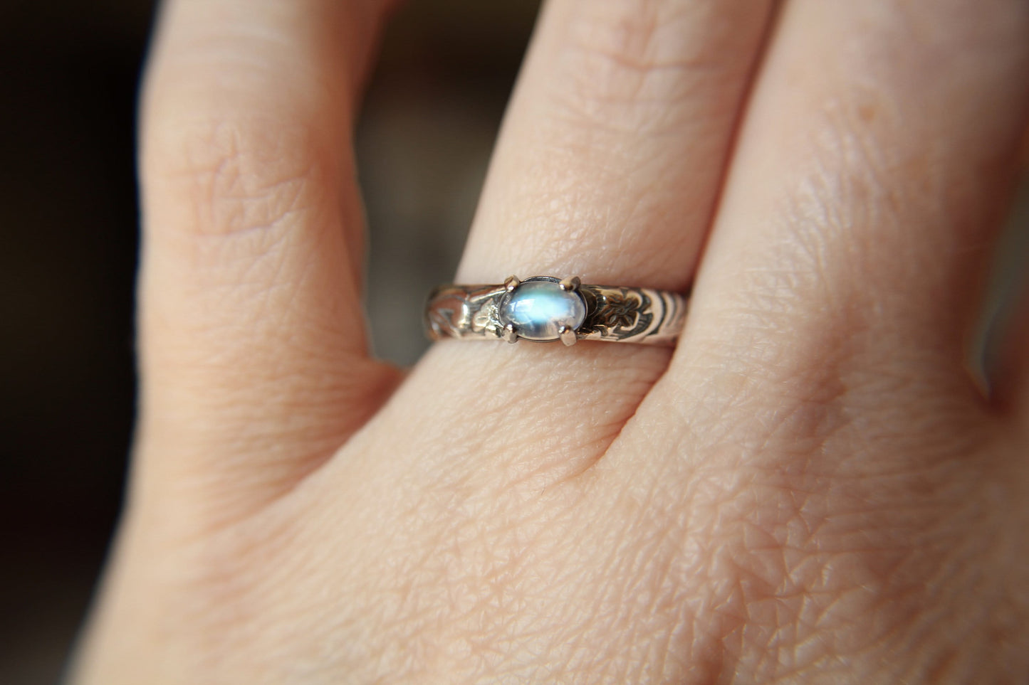 Rainbow Moonstone Ring, Floral Ring, Unique Design, Boho Ring, Oval Moonstone Ring, Moonstone Stacking Ring, Wide Band Ring, FMJ