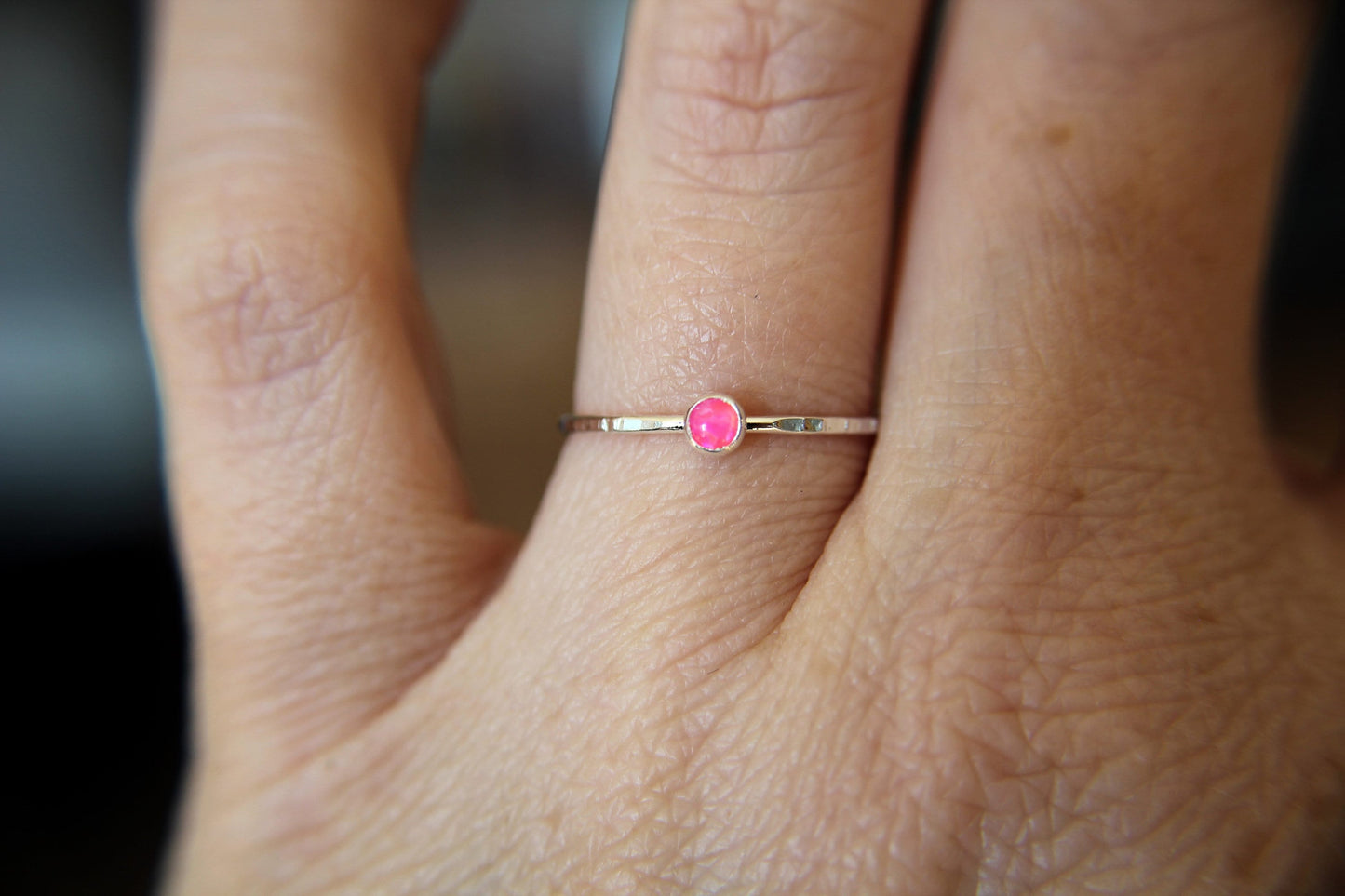 Slim Textured Opal Stacking Ring,Slim Ring,Stacking Gemstone Ring,Customizable Rings,Textured Rings,Whisper Gemstone Rings,Gift,Pink Opal